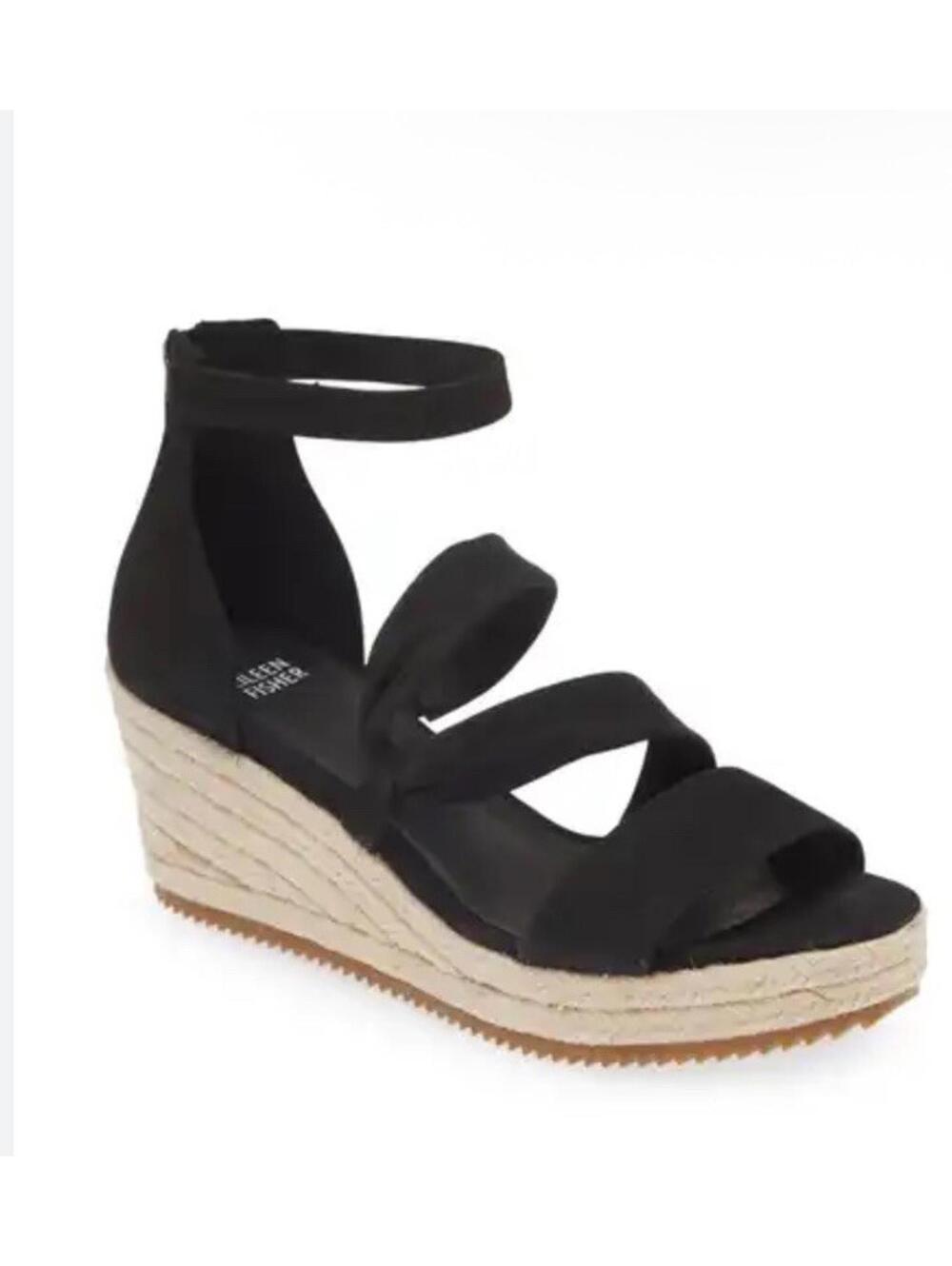 Eileen Fisher Wisp Tumbled Nubuck Espadrille Sandals in Black Size 9.5